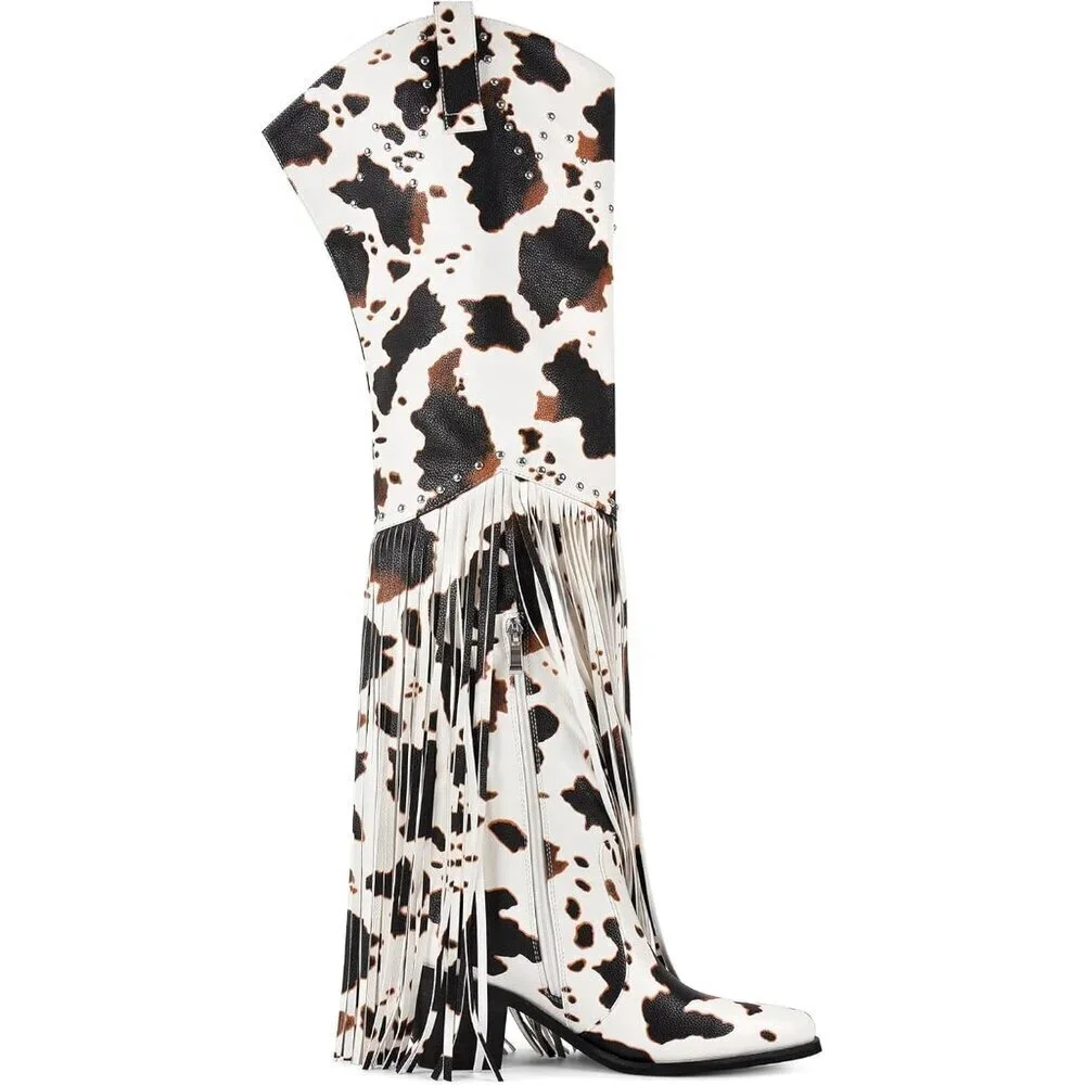 Women Cow Print Synthetic Fringe Thigh High Tassel Wide Over Knee Pointed Boot